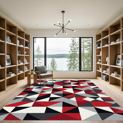 Bold Red Black Geometric Triangles Rug