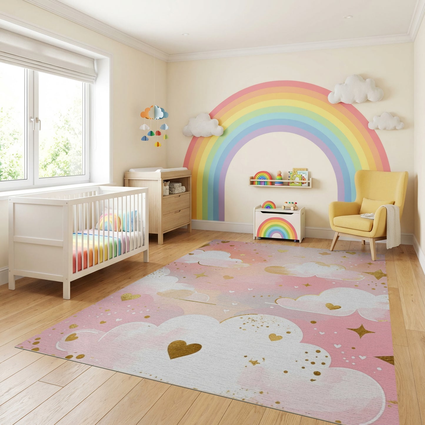 Whimsical Pink Clouds Hearts Stars Rug