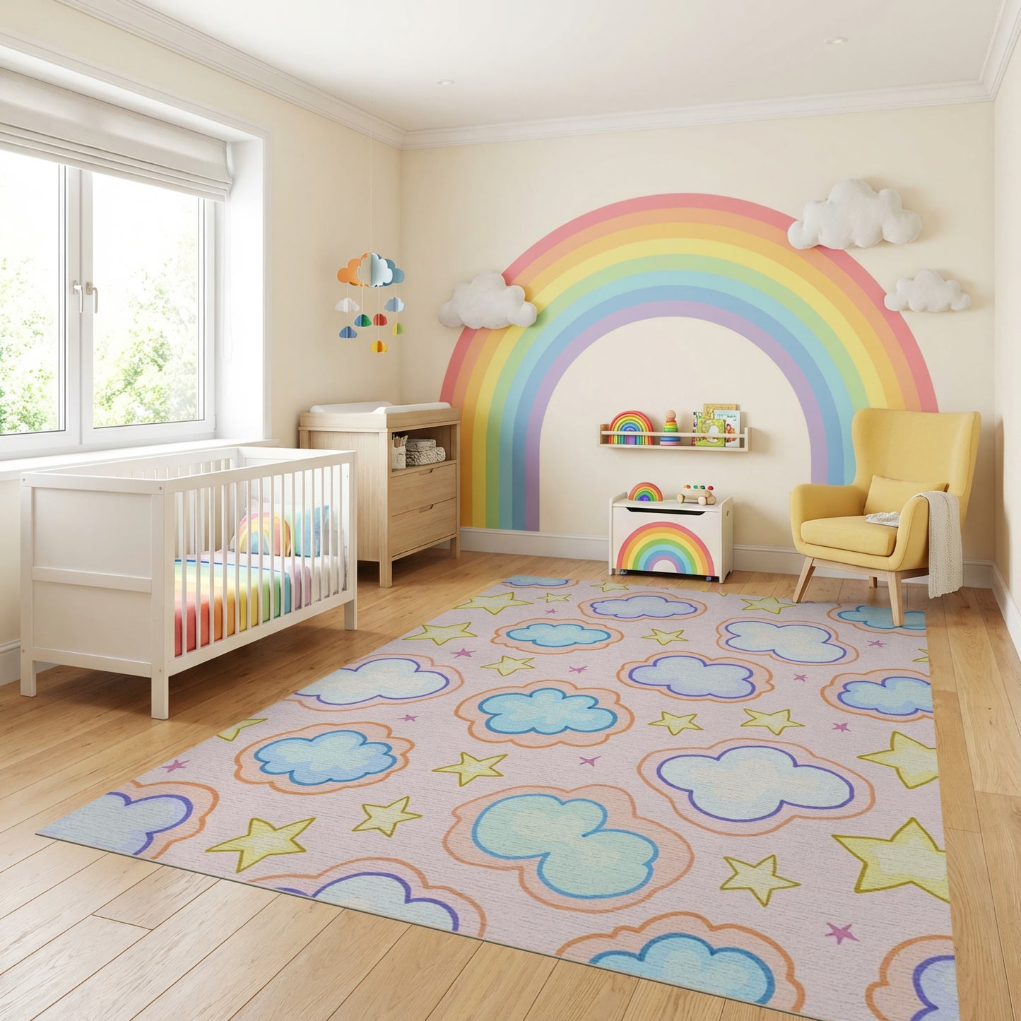 Playful Pink Clouds and Stars Rug