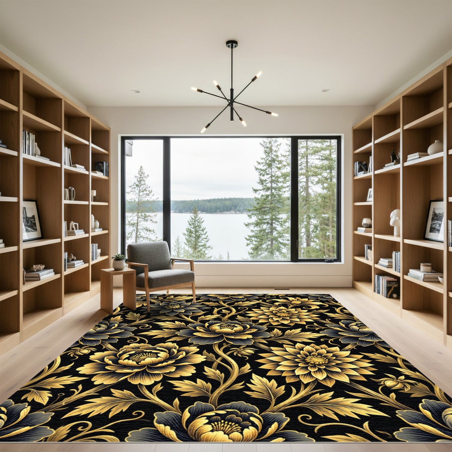 Gilded Black Floral Garden Scroll Rug
