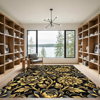 Gilded Black Floral Garden Scroll Rug