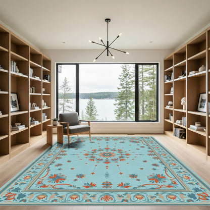 Aqua Orange Floral Medallion Border Rug
