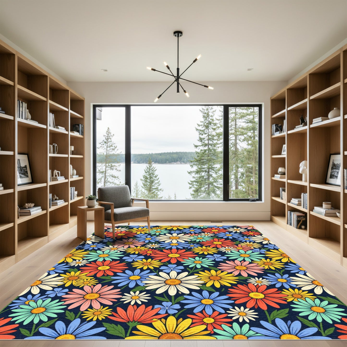 Vibrant Multicolor Daisy Meadow Illustration Rug
