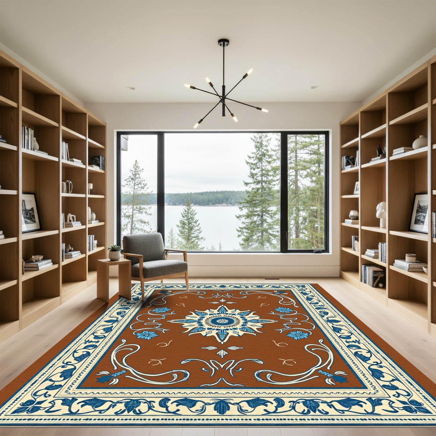 Brown Deep Blue Floral Medallion Border Rug