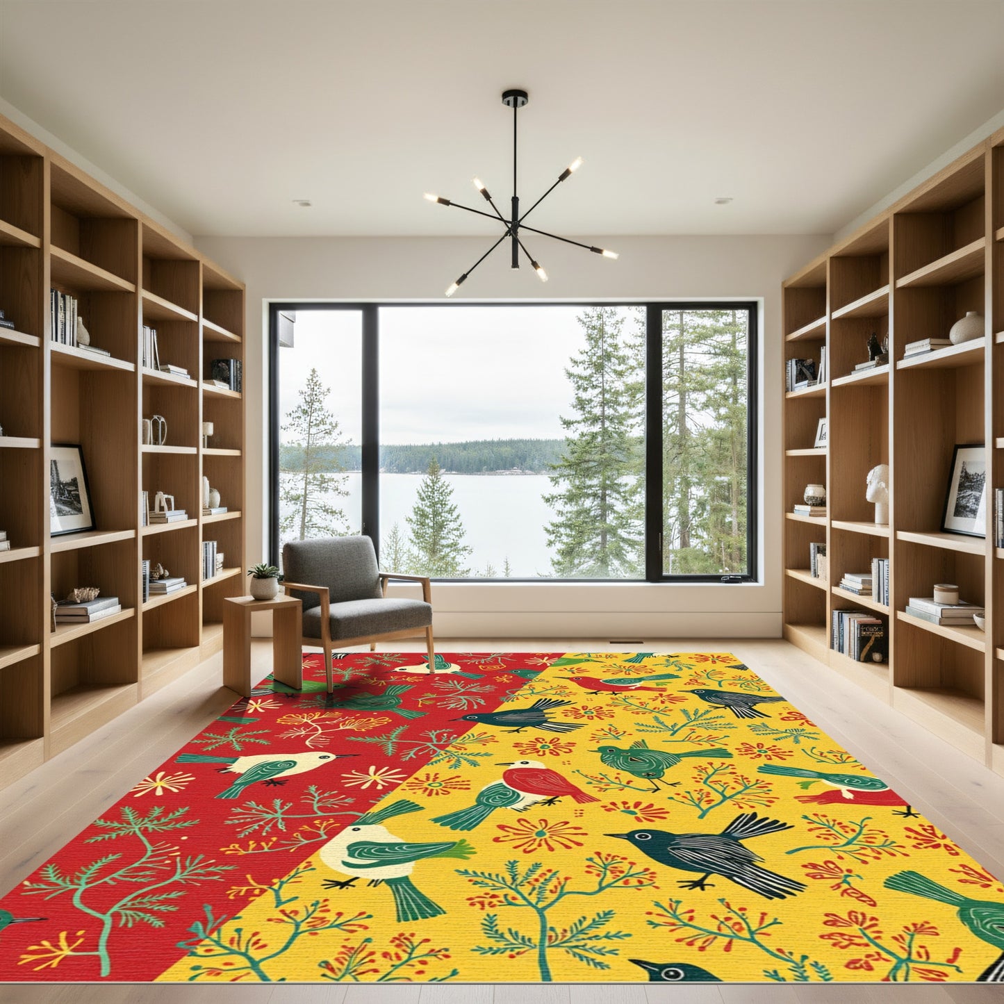 Red Yellow Birds Foliage Blooms Rug