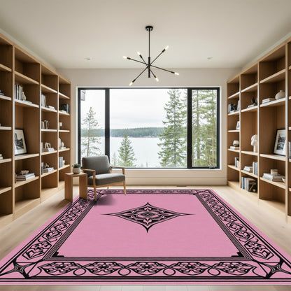 Pink Black Geometric Medallion Frame Rug