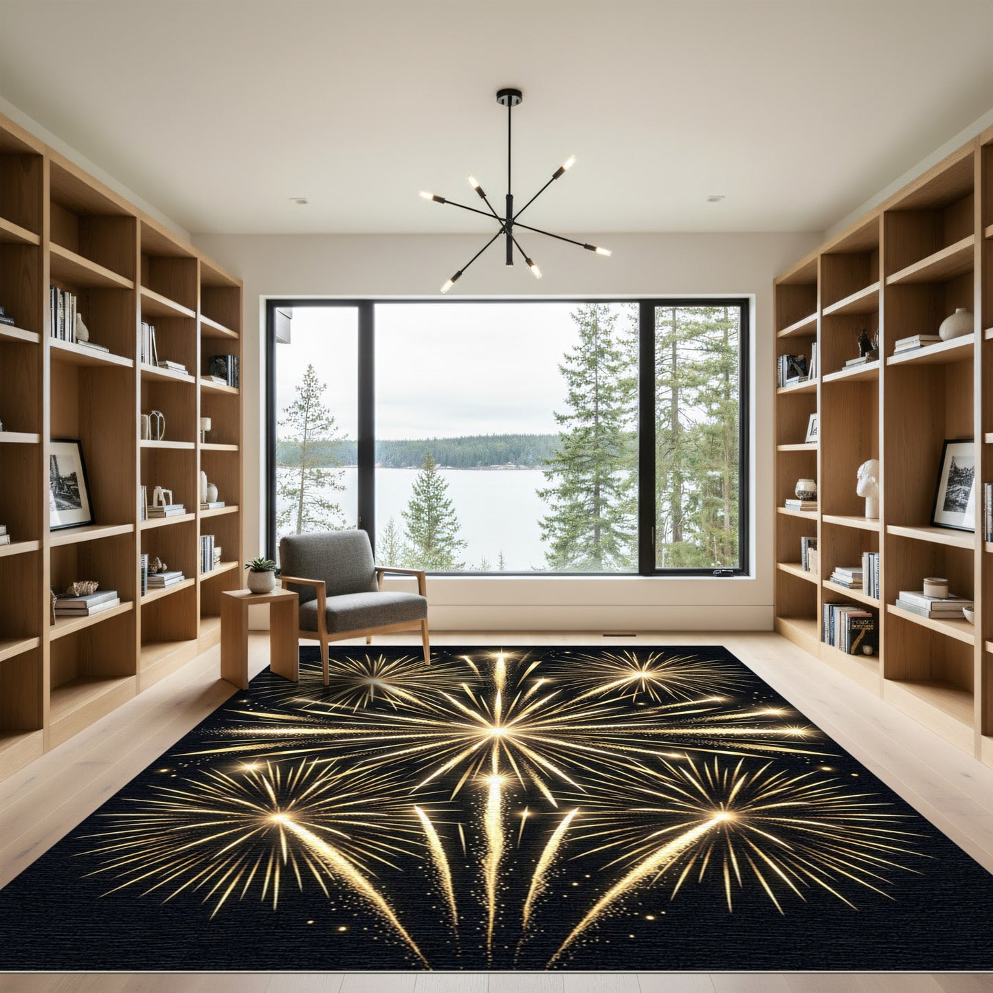 Luminous Golden Fireworks Burst Art Rug