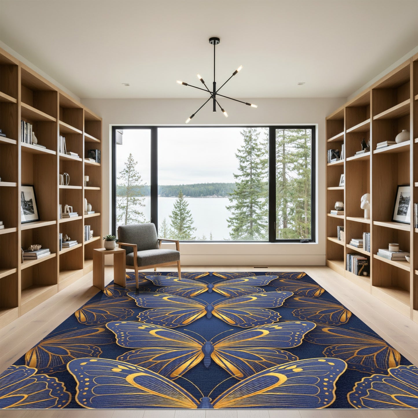 Golden Butterfly Symphony on Navy Blue Rug