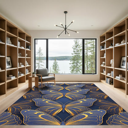 Golden Butterfly Symphony on Navy Blue Rug