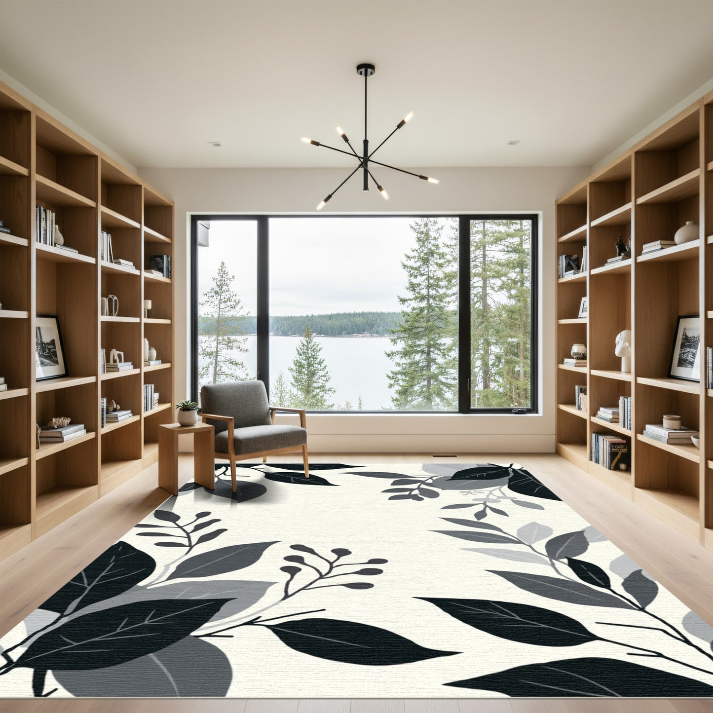Monochrome Dark Leaf Arrangement Rug