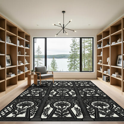 Black and White Keyhole Floral Garden Rug