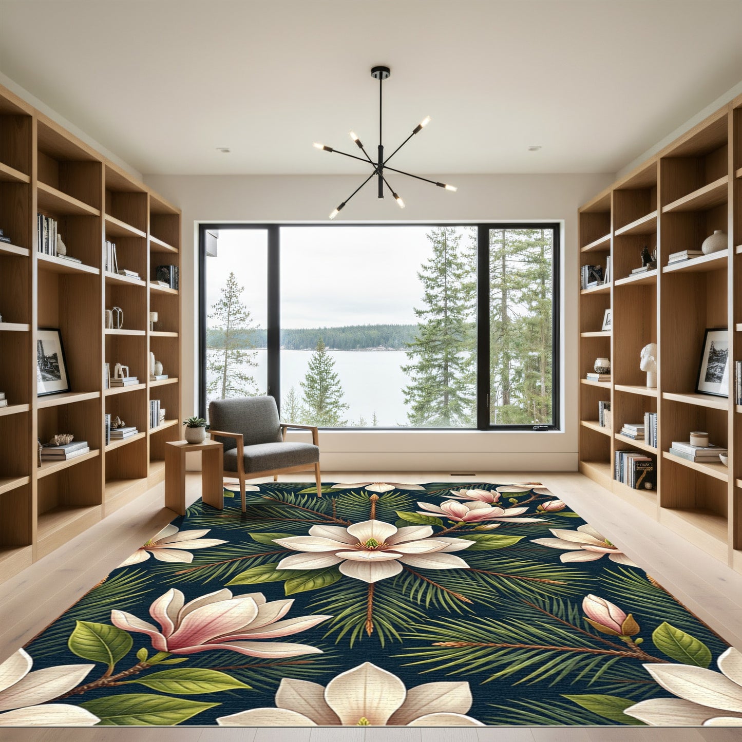 Magnolia Blossom and Pine Needle Navy Rug
