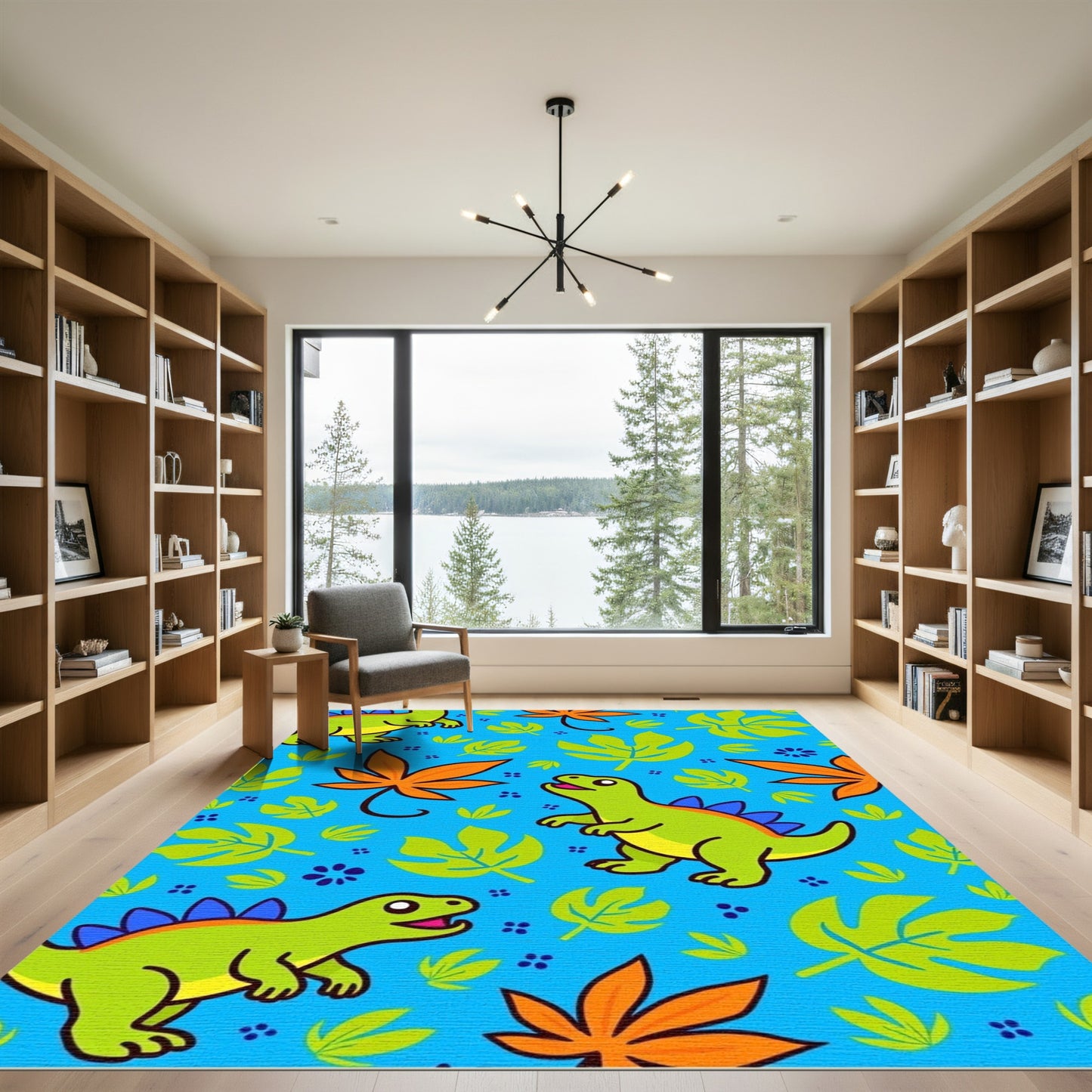 Cute Green Dinosaurs Tropical Foliage Rug