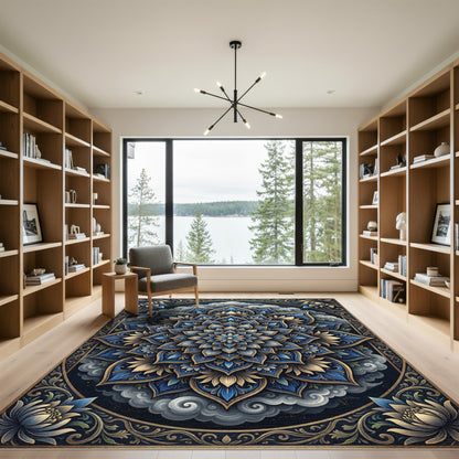 Midnight Blue Floral Mandala Cloud Medallion Rug