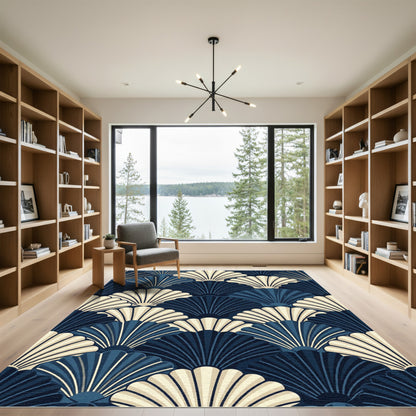 Elegant Navy and Cream Scalloped Shell Rug