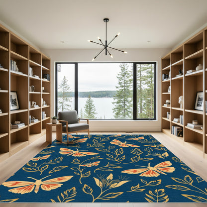 Cobalt Blue Orange Cream Moth Floral Rug