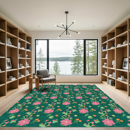 Pink Floral Vines on Deep Teal Rug