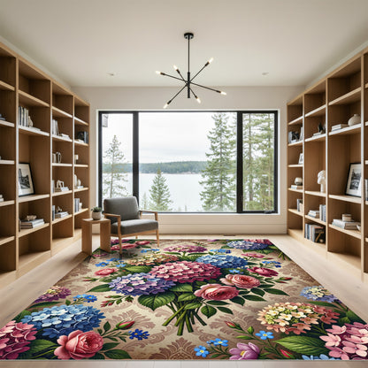 Vintage Hydrangea Rose Floral Arrangement Rug