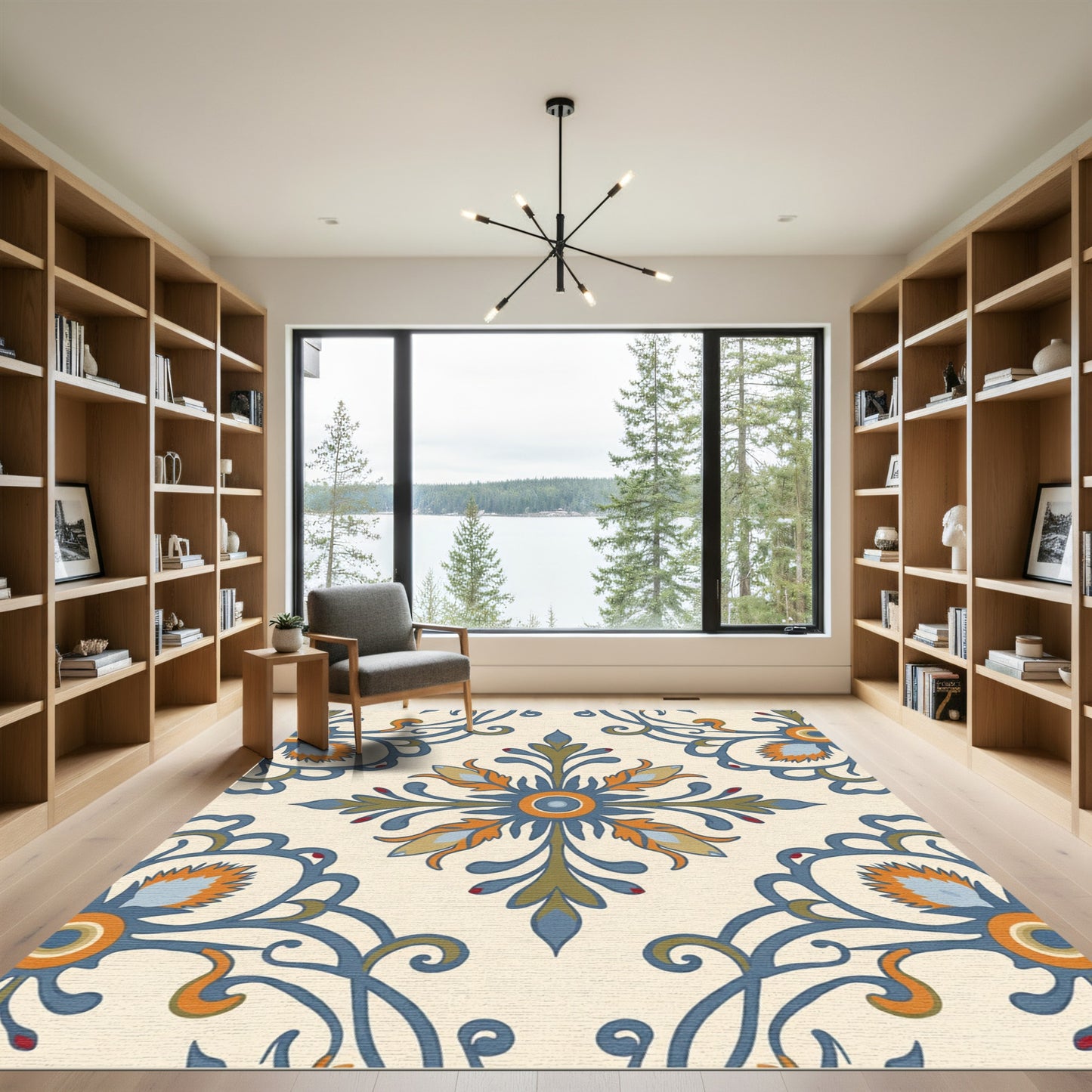 Classic Blue Orange Floral Medallion Rug