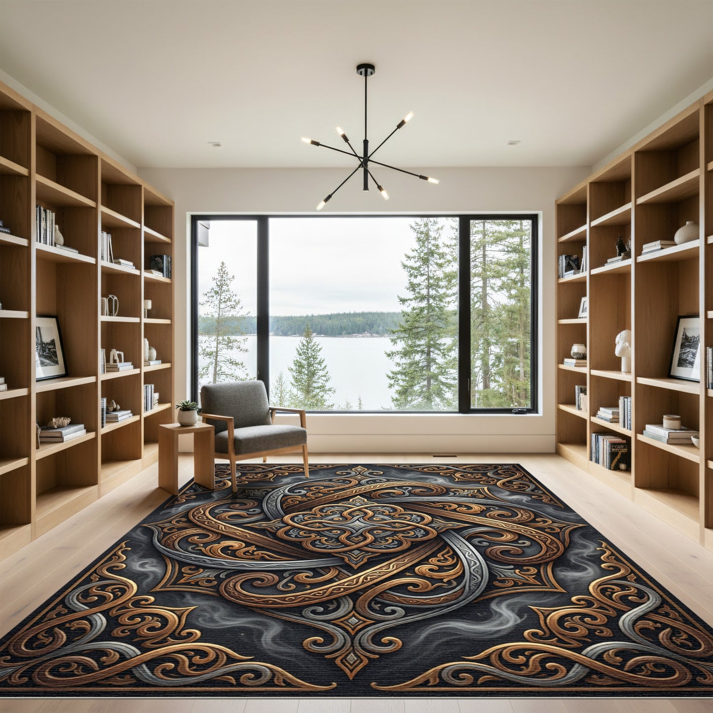 Ornate Gold Silver Ethereal Swirl Medallion Rug