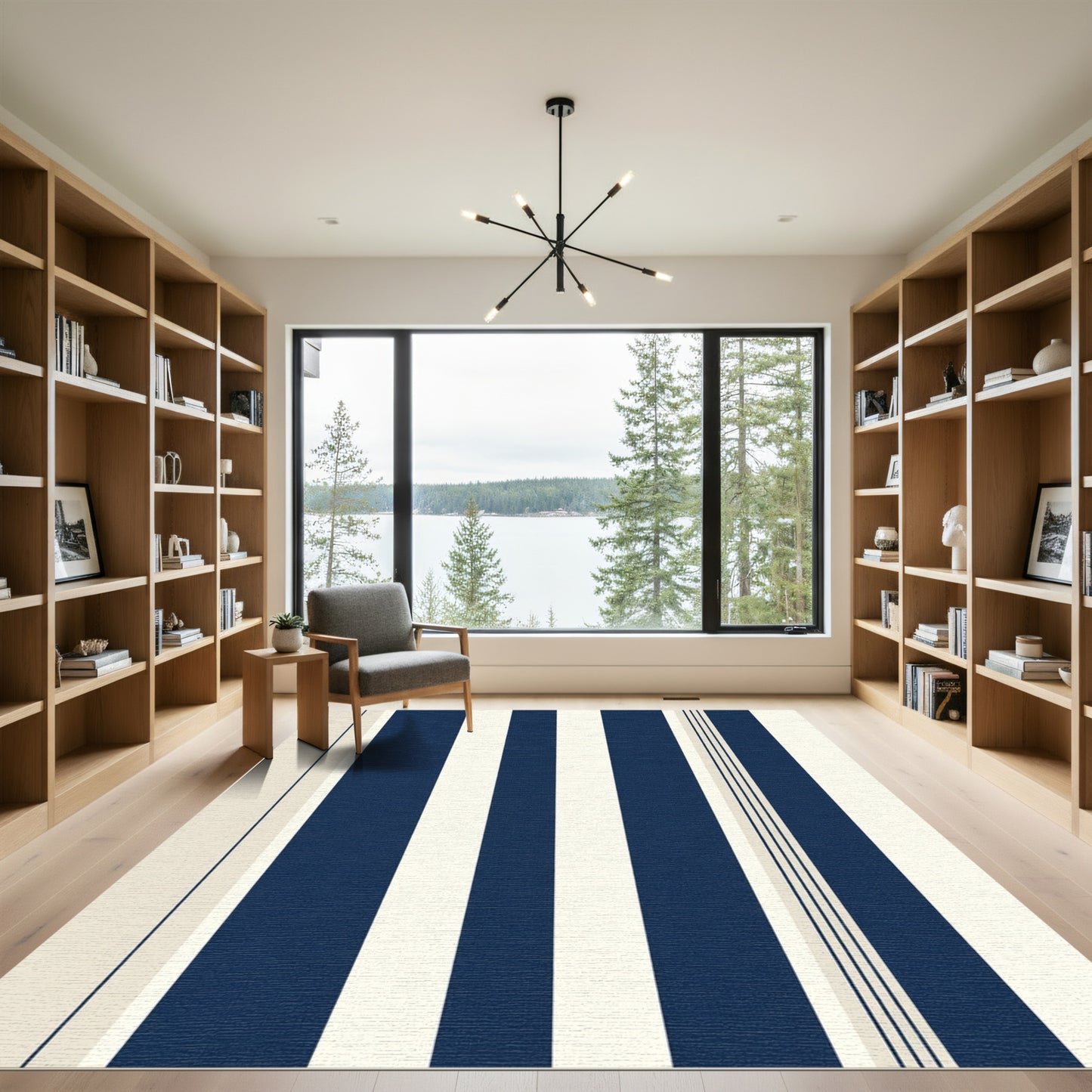 Navy Cream Wide Vertical Stripe Rug