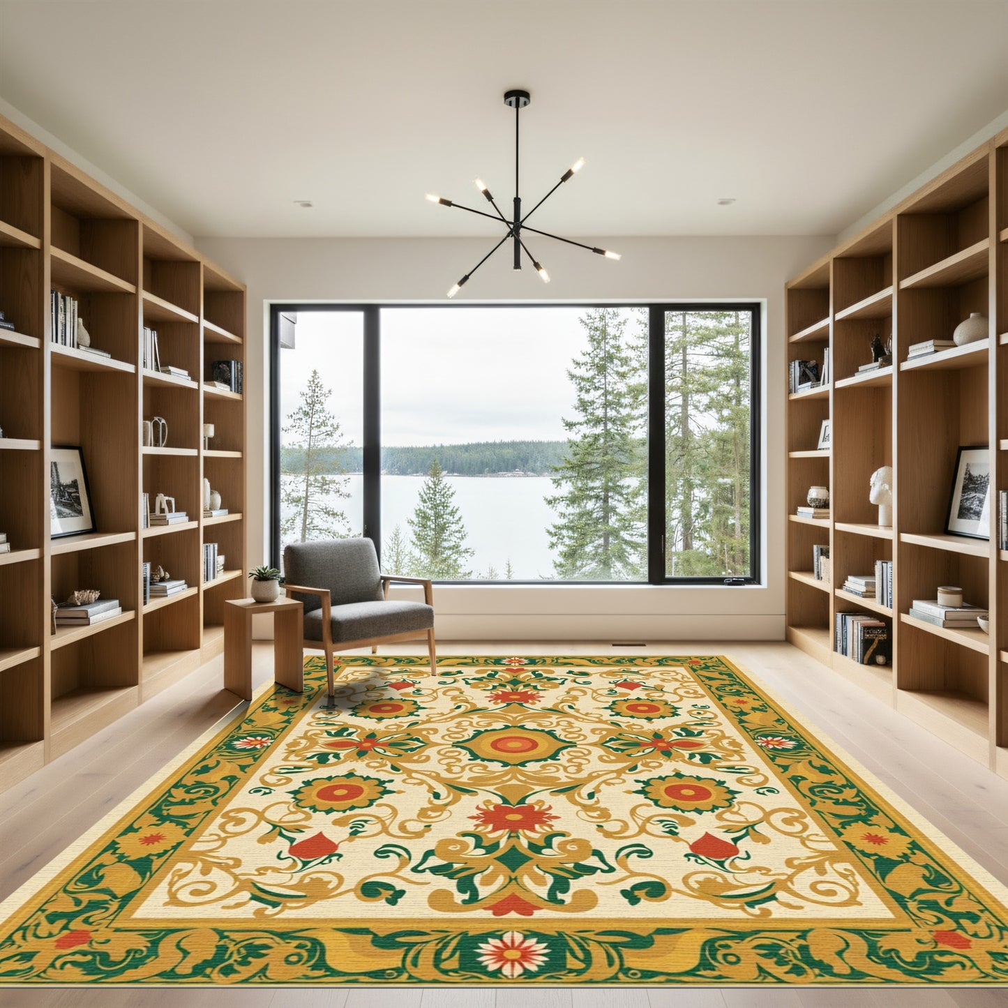 Ornate Red and Green Floral Scroll Rug