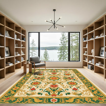 Ornate Red and Green Floral Scroll Rug