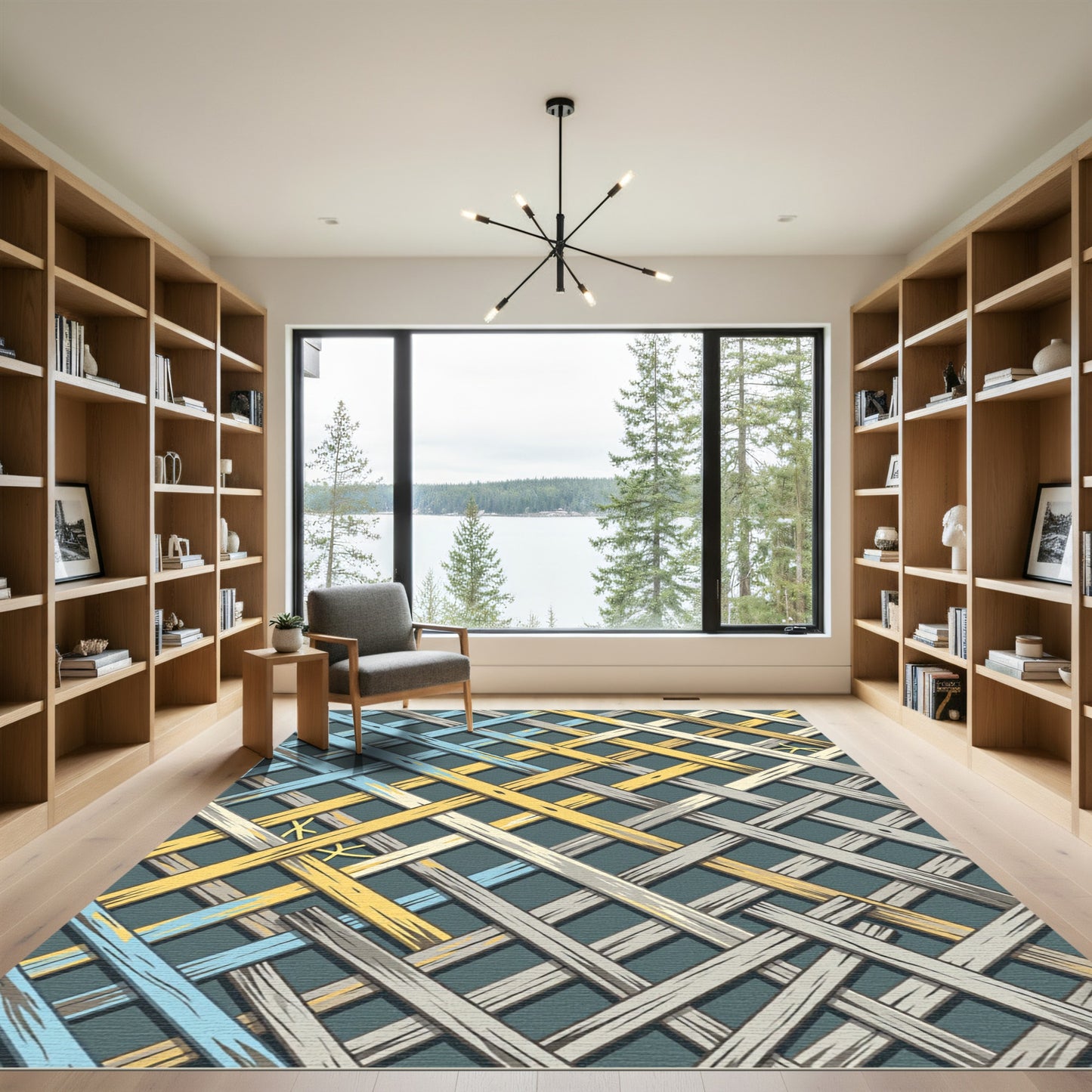 Woven Geometric Lattice in Blue and Gold Rug
