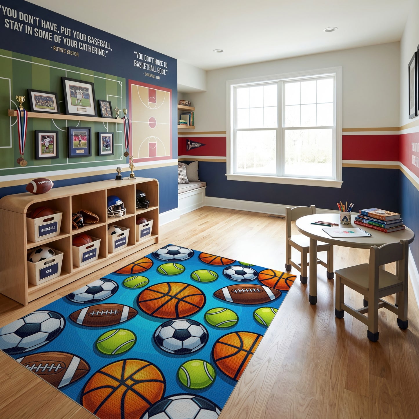 Vibrant Soccer Basketball Tennis Football Rug