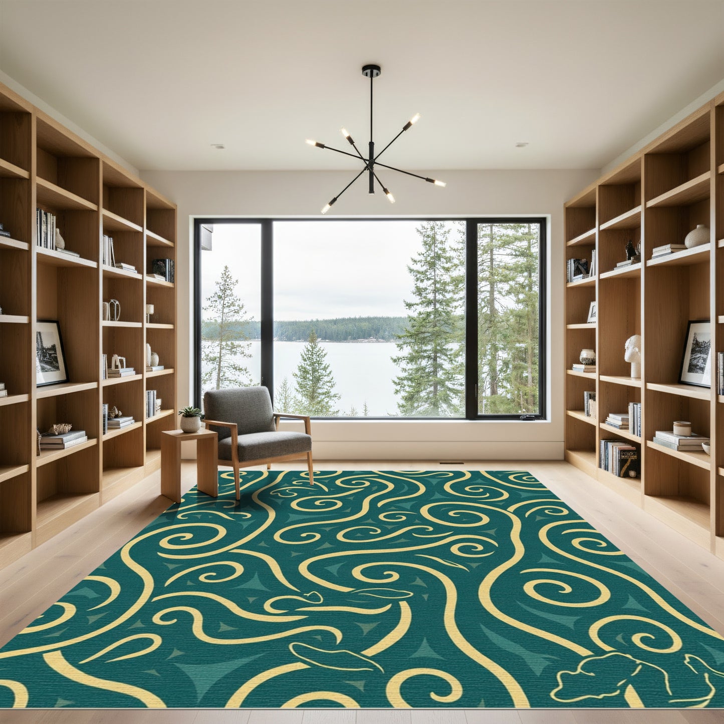 Teal and Gold Swirling Vine Motif Rug