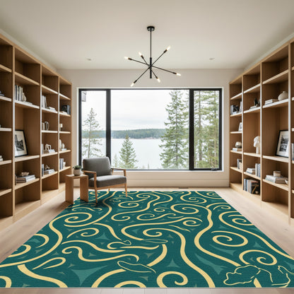 Teal and Gold Swirling Vine Motif Rug
