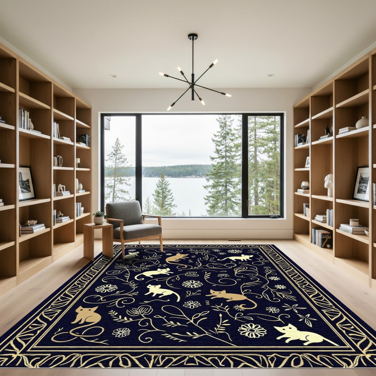 Golden Cats with Floral Scrollwork Rug