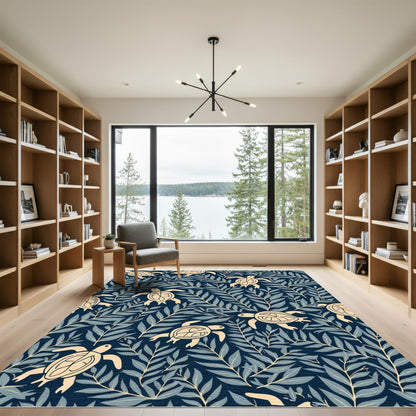 Navy Cream Turtle Leaf Pattern Rug