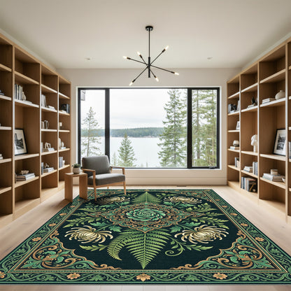 Emerald Fern and Chrysanthemum Botanical Medallion Rug