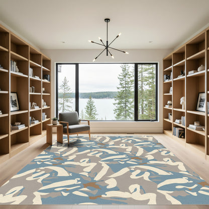 Earthy Blue Cream Camouflage Swirls Rug