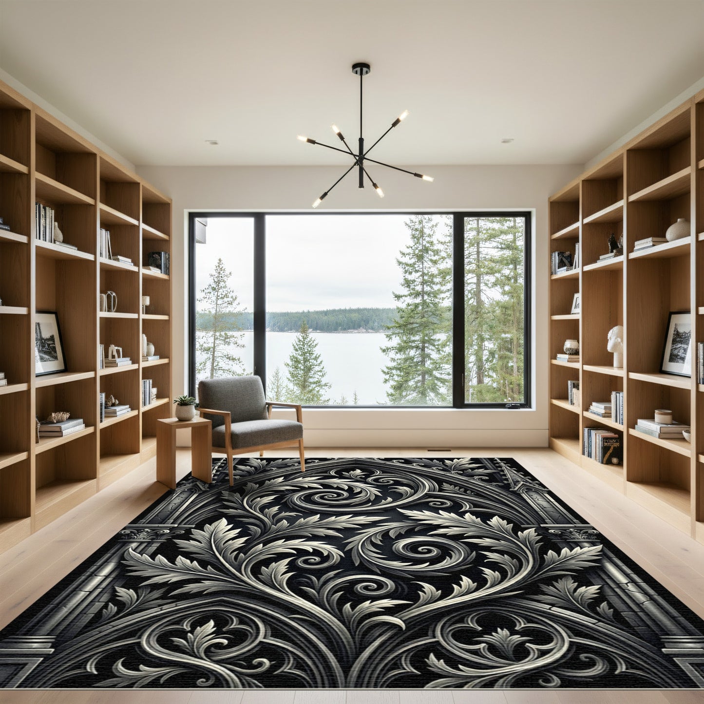 Gothic Black Silver Acanthus Swirls Rug