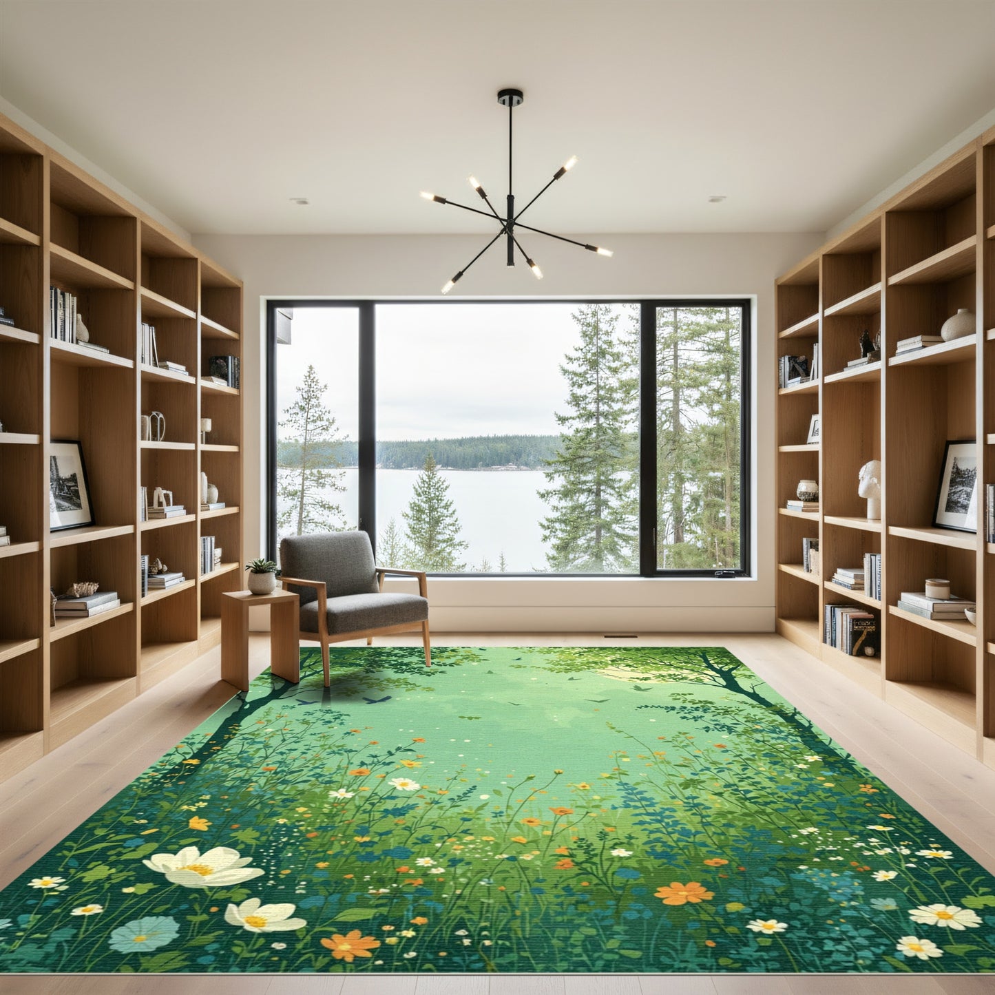 Whimsical Green Meadow Birds Foliage Rug