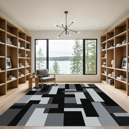 Monochrome Abstract Geometric Blocks Rug