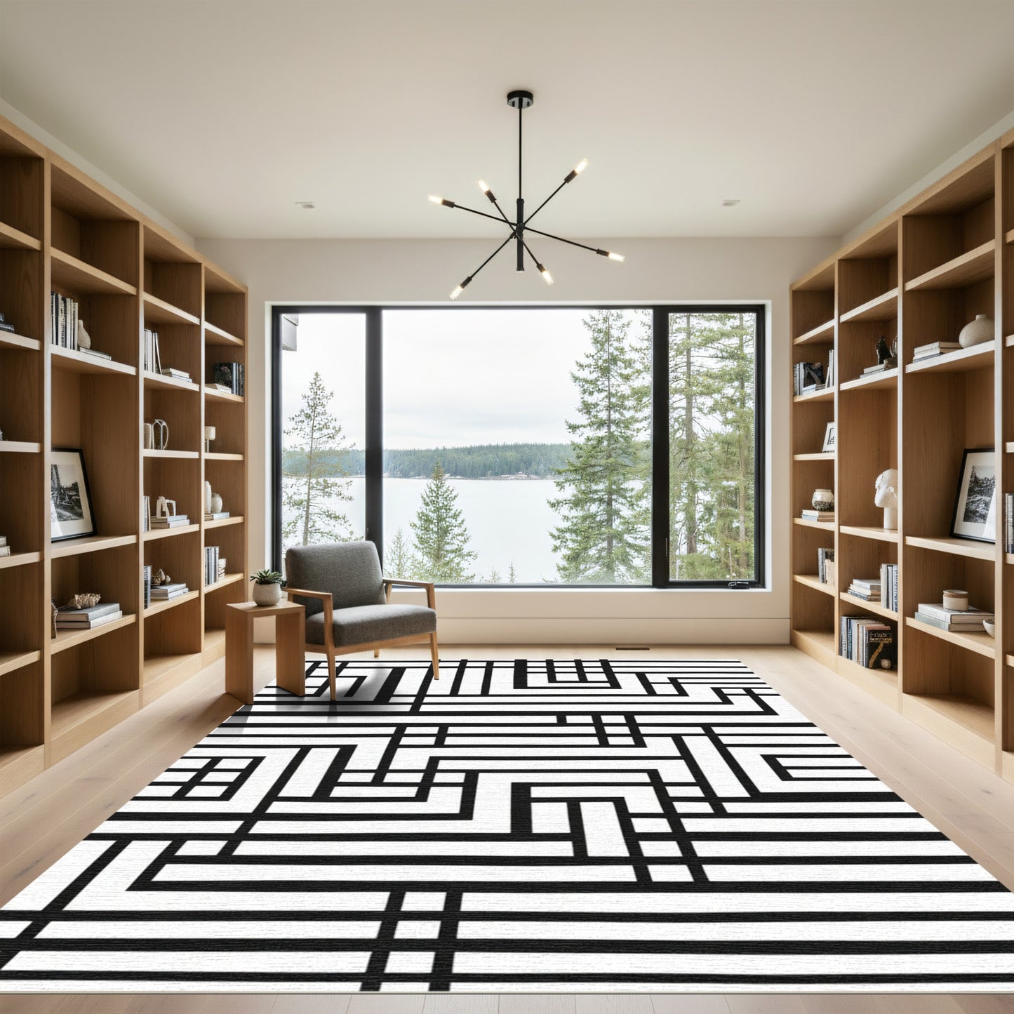 Monochrome Angular Geometric Maze Rug