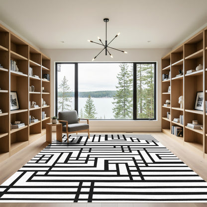 Monochrome Angular Geometric Maze Rug