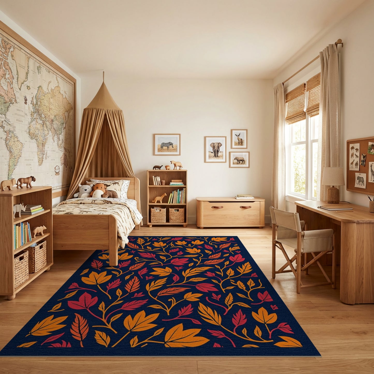 Vibrant Orange Red Leaves Navy Rug