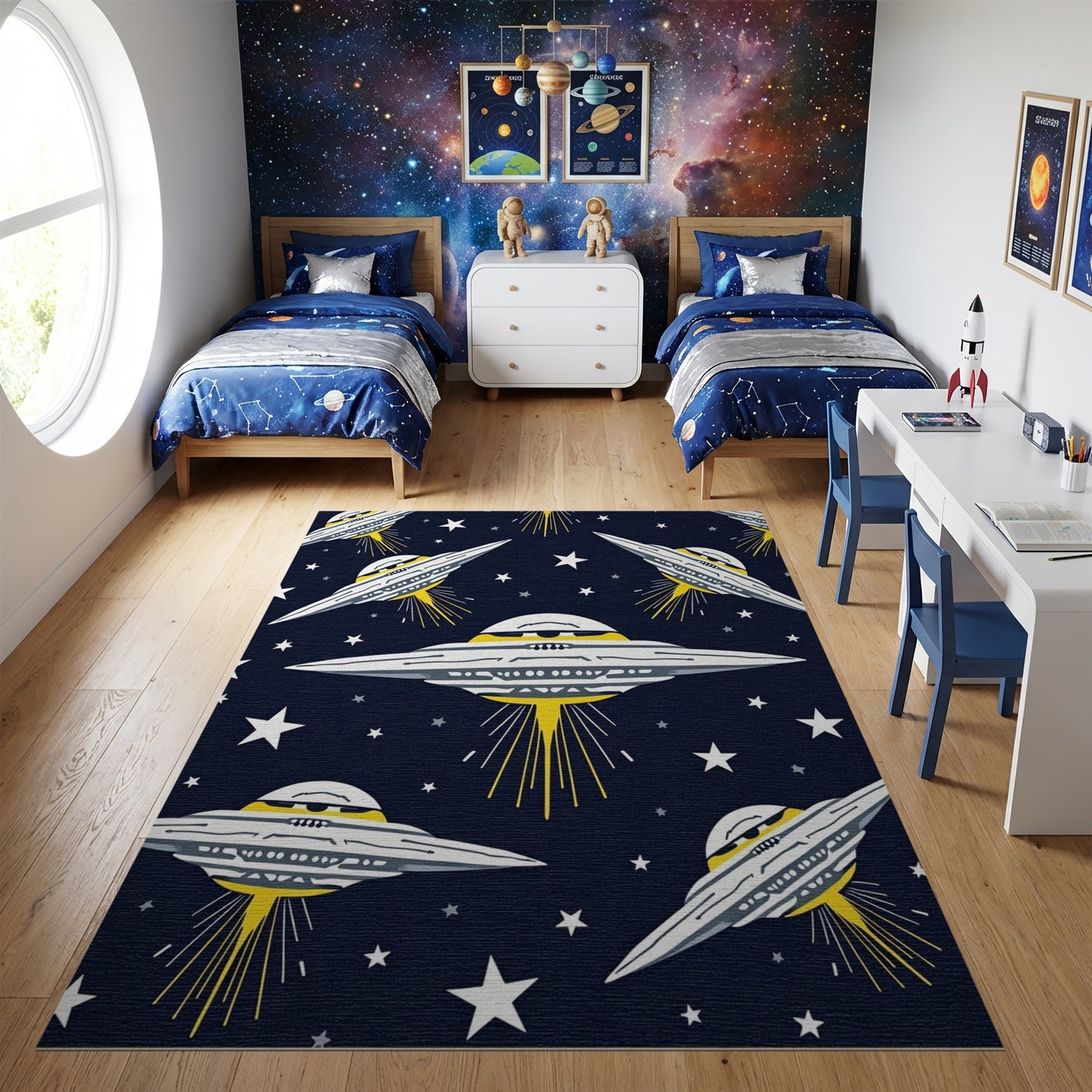 Whimsical Navy UFO Star Trail Rug