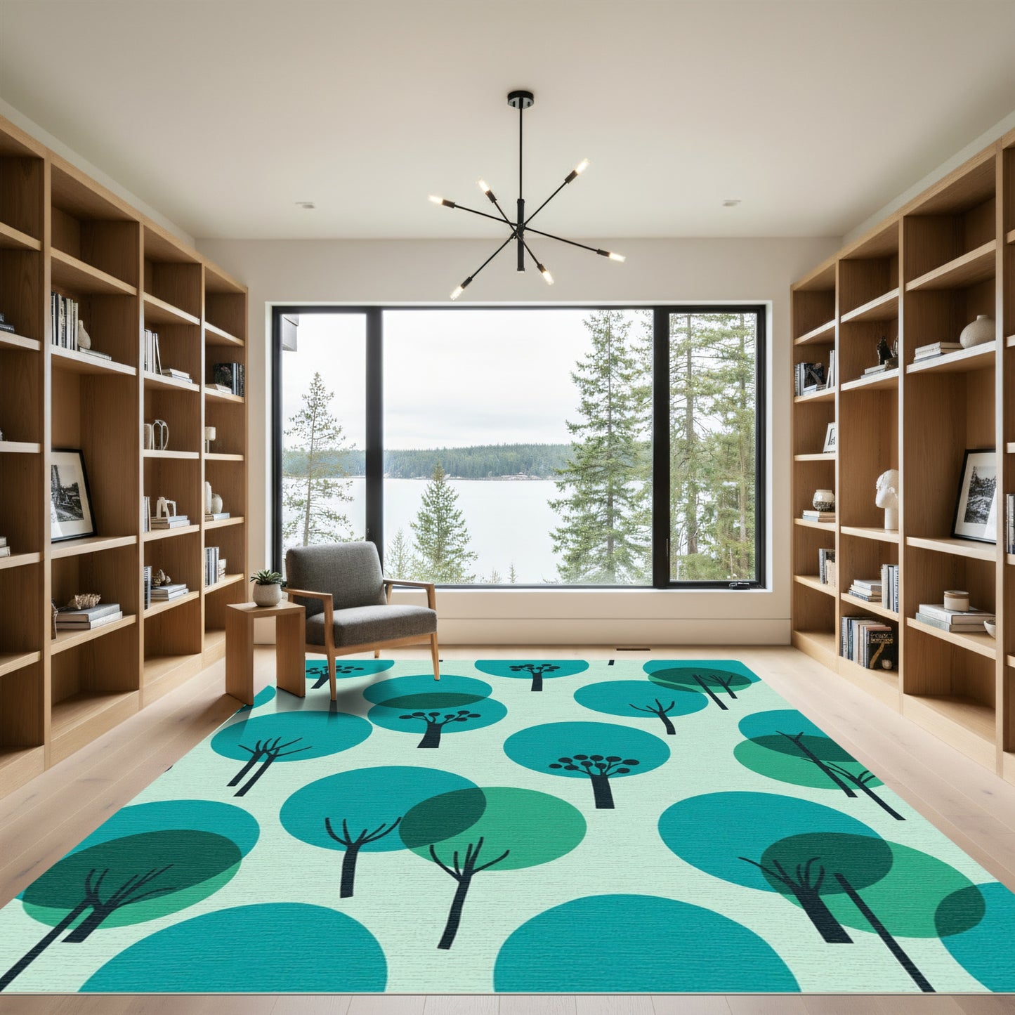 Teal Forest Mid Century Modern Trees Rug