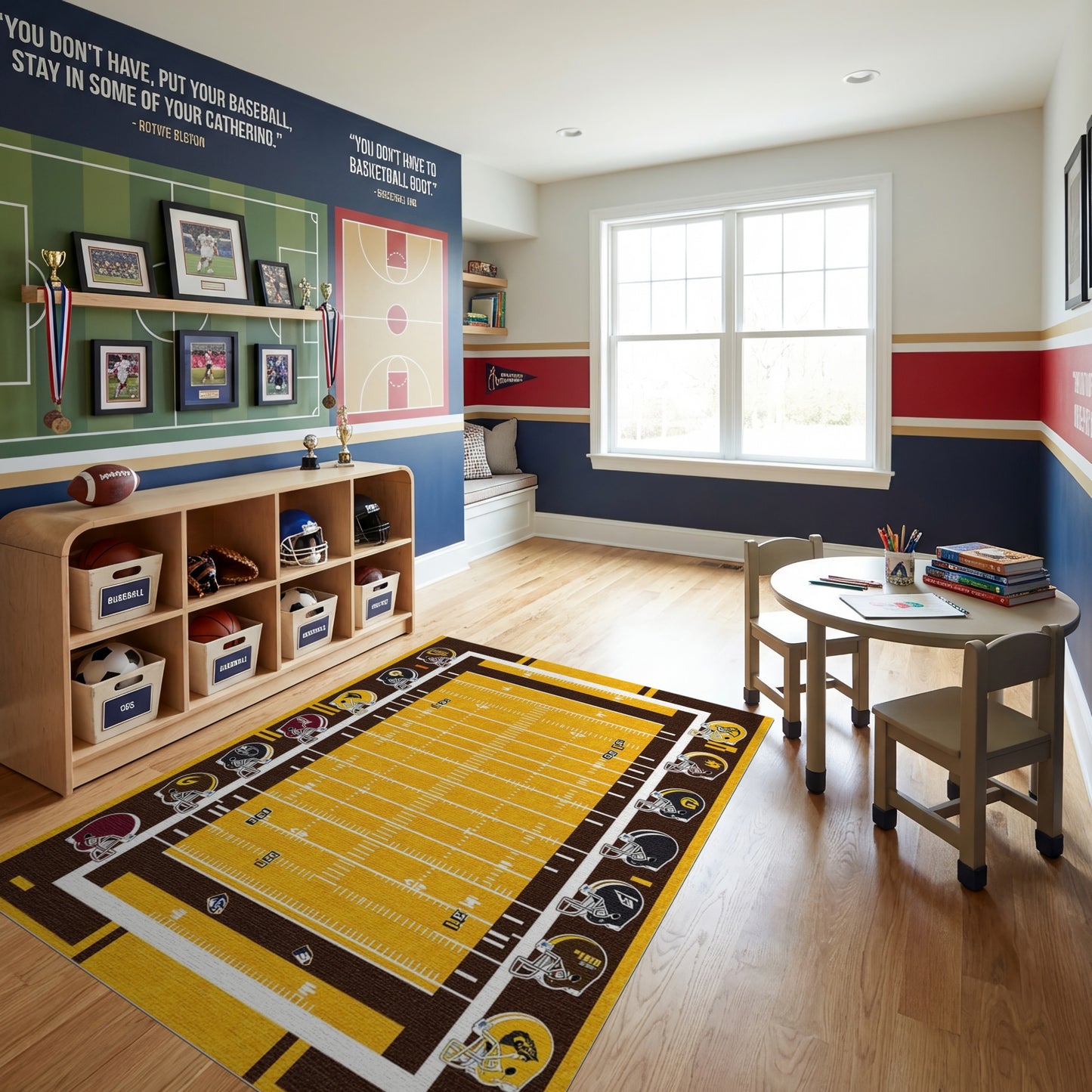 Golden Football Field Team Helmets Rug