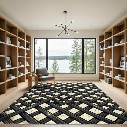 Geometric Charcoal Black Lattice Weave Rug