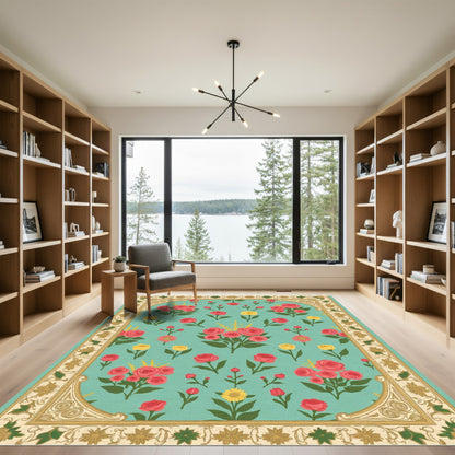 Aqua Floral Medallion Garden Rug