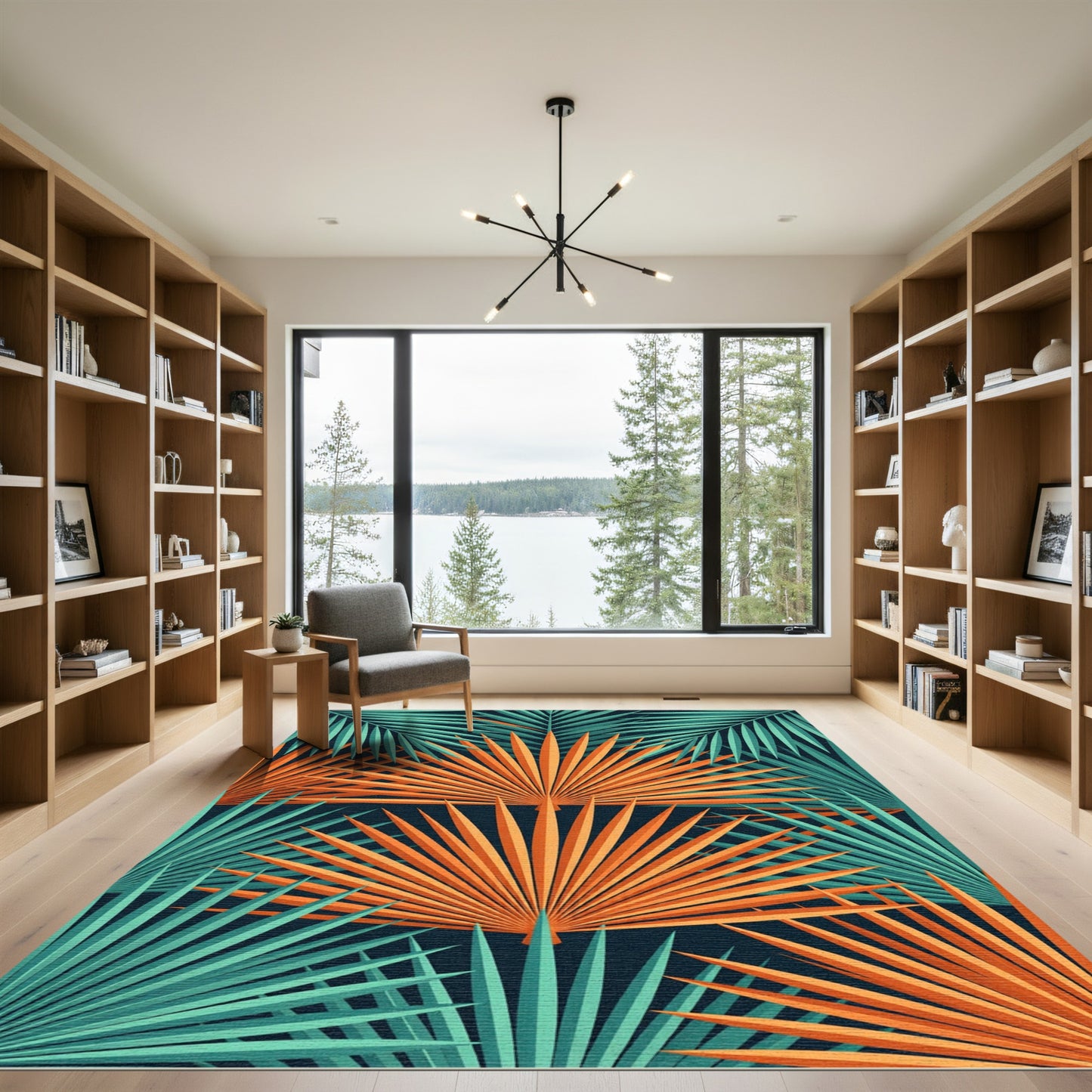 Vibrant Orange Tropical Palm Leaf Rug