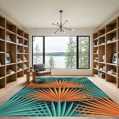 Vibrant Orange Tropical Palm Leaf Rug