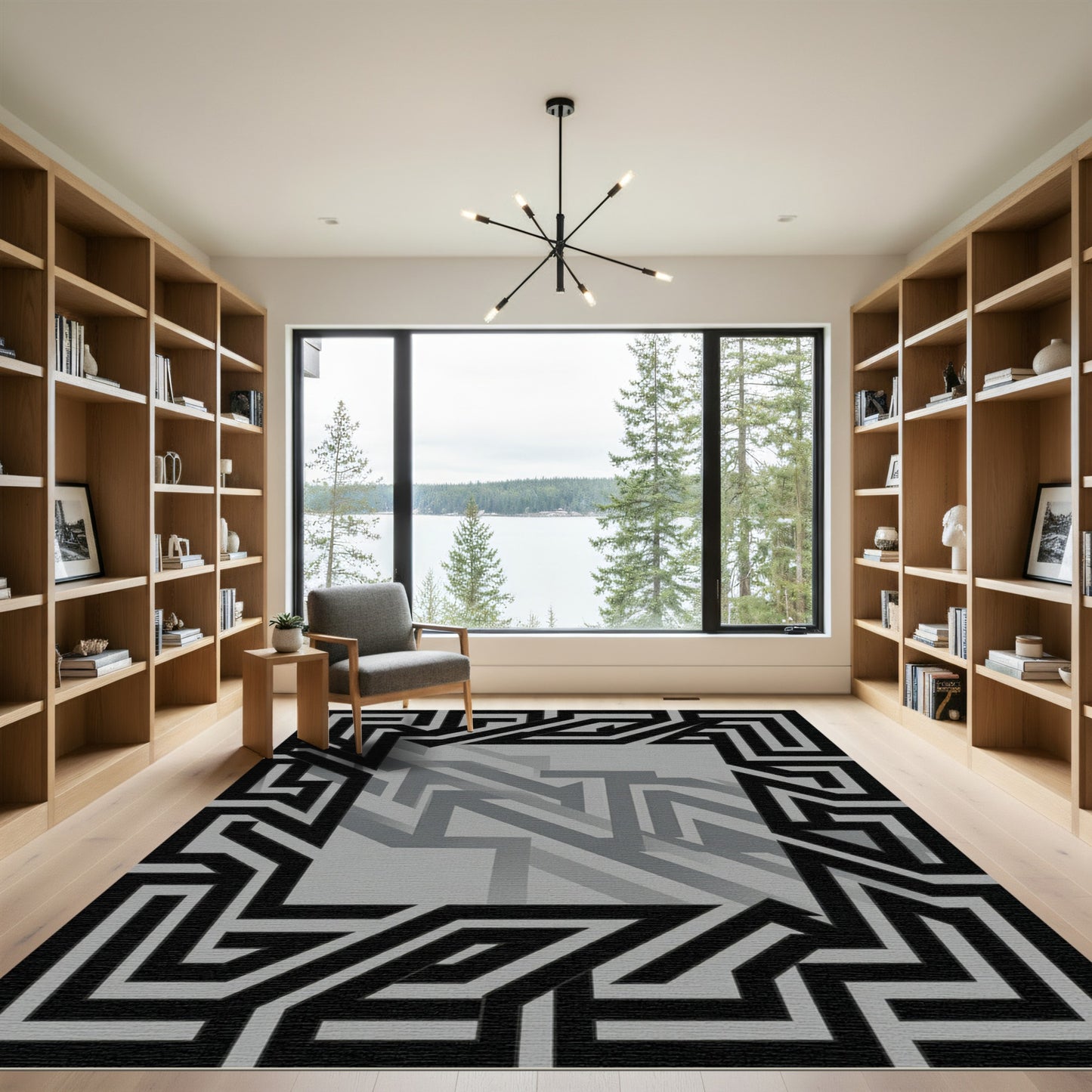 Bold Black Geometric Maze Rug