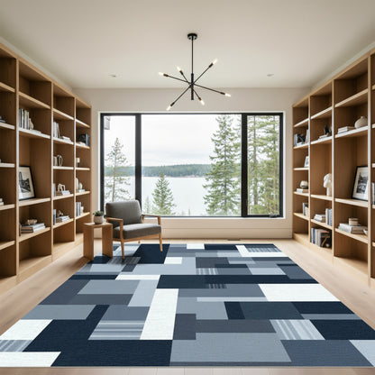 Modern Navy Blue Geometric Blocks Rug